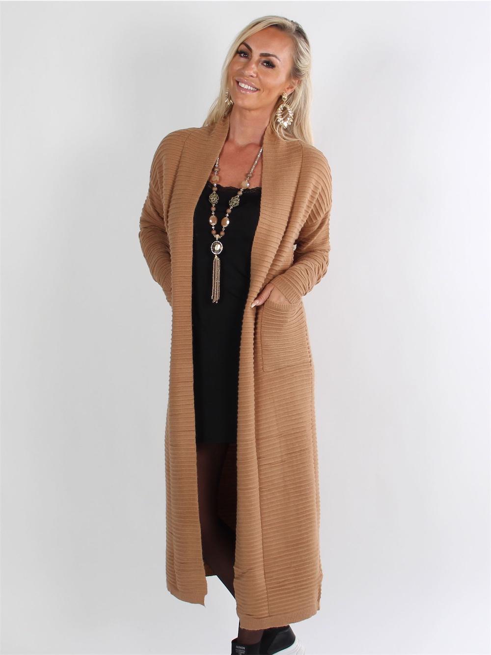 Torino - Armygrøn lang cardigan i blødt stof med rib